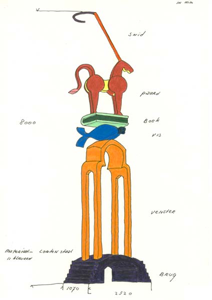kleurpotloodtekening van de stapeling het een snid, paard, boek, vis portaal, brug,  &copy; Andr&eacute; Boone