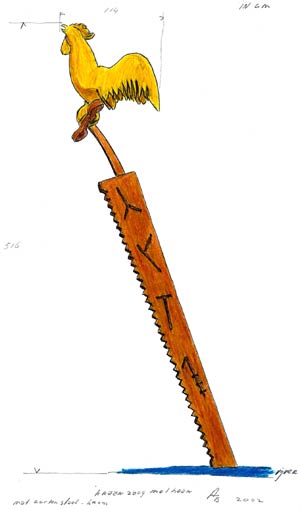 kleurpotloodtekening van een verticaal gerichte kraanzaag met huismerken, daarop een kraaiende haan &copy; Andr&eacute; Boone