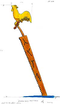kleurpotloodtekening van een kraagzaag met daar bovenop een haan &copy; Andr&eacute; Boone