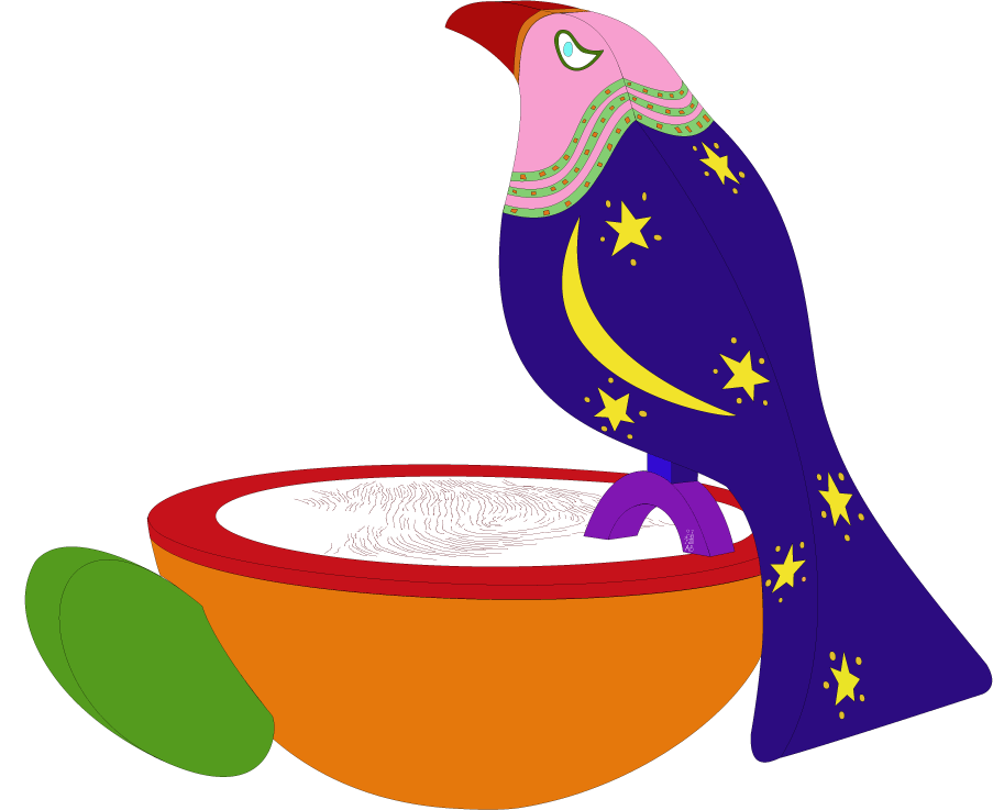 kleurentekening van een massief kop(je) waarop de papillairlijnen van de rechtervoet van het meisje zijn weergegeven en een gekleurde vogel, ©andré boone
