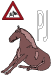 zittend paard met een waarschuwingsbord en twee letters