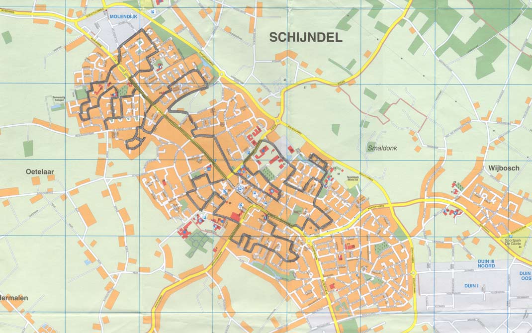 De plattegrond van Schijndel waarop d.m.v. het stratenpatroon de tekening is uitgezet.
