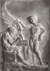  stenen relief waarop Daedalus werkt aan de vleugels waarmee hij en zijn zoon Icarus uit hun gevangenschap kunnen ontsnappen