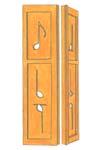 kleurpotloodtekening van een romeinse tempeldeur. In de panelen van de deur zijn muzieknoten uitgespaard © André Boone