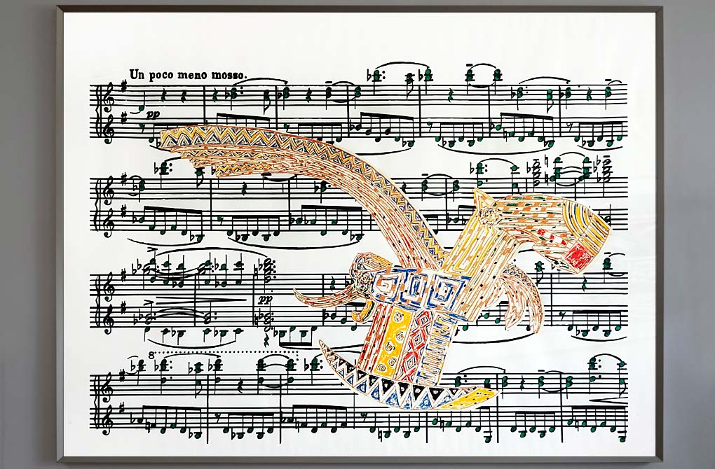 een grote zeefdruk in meerdere kleuren. Een grote vliegende schommelpaard, het dier heeft vleugels en vliegt over het notenschrift, een composities van Rachmaninoff voor twee piano&acute;s, &copy; Andr&eacute; Boone