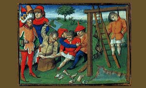Voordat de veroordeelde wordt gehangen, hakt de beul zijn handen en voeten af. Miniatuur in de Historiebijbel van Evert Zoudenbalch, Utrecht, ca. 1460.
