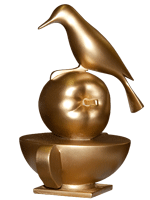 ontwerp van een stapeling in brons van een kom een appel en een specht, stand twee