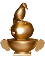 ontwerp van een stapeling in brons van een kom een appel en een specht, stand drie
