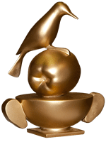 ontwerp van een stapeling in brons van een kom een appel en een specht, stand een