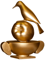 ontwerp van een stapeling in brons van een kom een appel en een specht, stand zeven